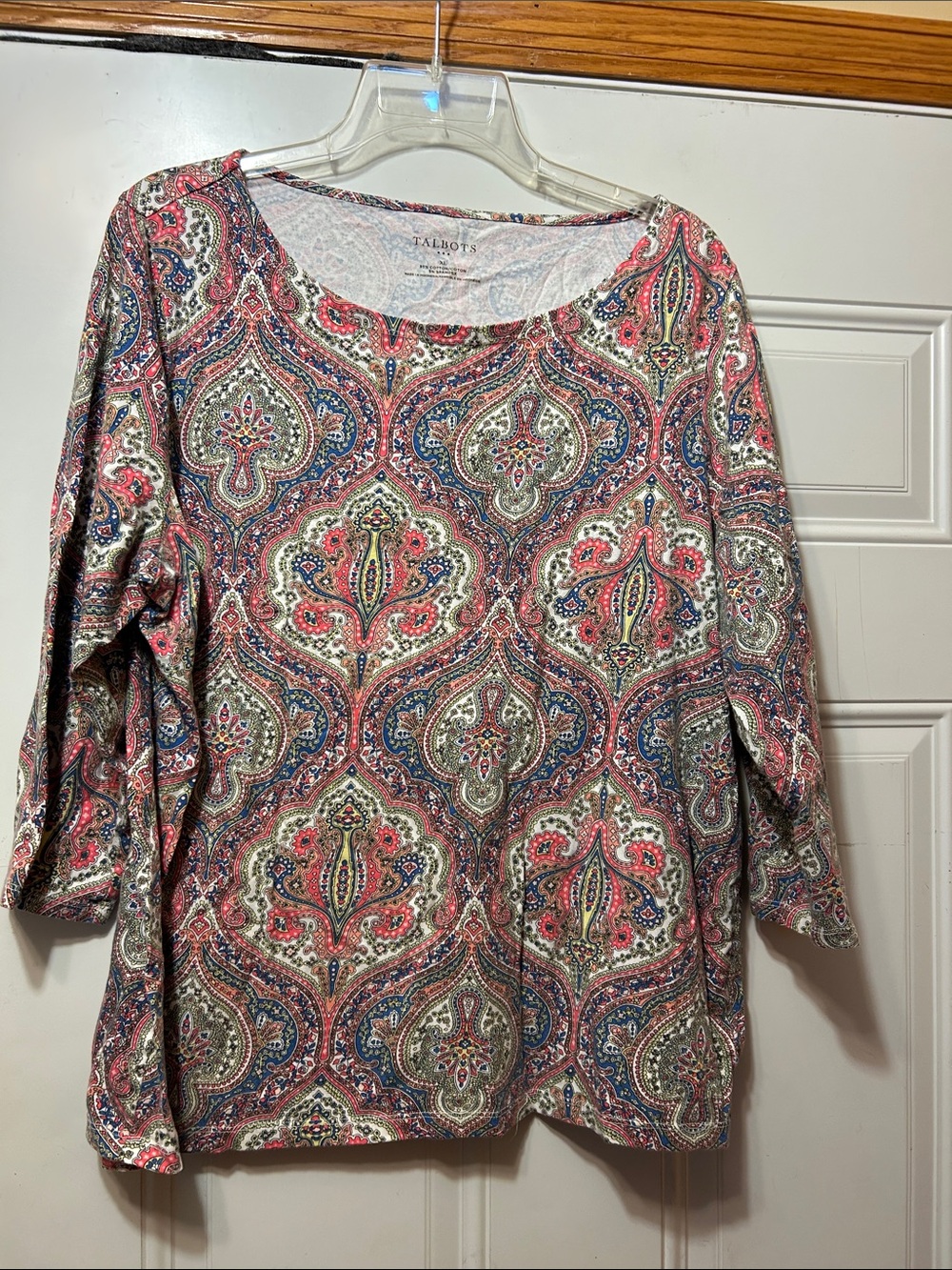 Talbots Coral and Blue Paisley Scoop Neck Long Sleeve Top XL